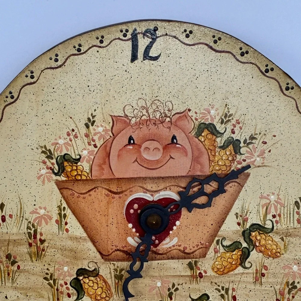 Vtg Pig Folk Art Clock Hand Painted Wood 1986 Country Farmhouse Cottage Kitsch